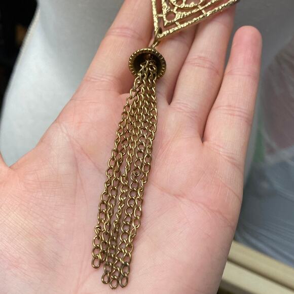Vintage Gold Tone Pendant Tassel Necklace 22" Double Clasp Costume Jewelry Chain - Picture 5 of 8